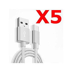 Little Boutik X5 Câble Metal Nylon Renforcé Chargeur USB Type C 1,5m Tréssé Couleur Argent Compatible Samsung LG Sony Wiko Blackberry Motorol