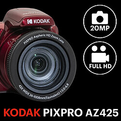 KODAK Pack Numérique Bridge Pixpro Astro Zoom AZ425 + Carte SDHC Kodak Ultra High Speed U1 32GB - Appareil Photo, Zoom 42X, Grand angle, 20 mégapixels, LCD 3, Vidéo Full HD 1080p, Batterie Li-ion - Rouge - Rouge