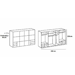 Inside 75 Armoire coulissante LISEA 4 portes 6 tiroirs chêne poutre verre blanc 350 x 236 cm HT