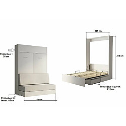 Inside 75 Armoire lit escamotable DYNAMO SOFA façade blanc brillant canapé marron 140*200 cm pas cher