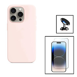 PHONECARE Kit Verre Trempé ClearGlass + Coque Silicone Liquide + Support Magnétique de Voiture pour Apple iPhone 15 Pro - Rose 