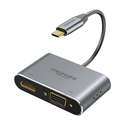 Promate Mediahub-C2 Adaptateur USB-C vers VGA/HDMI, transmission vidéo 4K, mode extension et mirroring, dissipateur thermique intégré