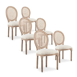 NC Lot de 6 chaises médaillon Louis XVI Cannage Rotin tissu Beige