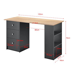 Helloshop26 Bureau table secrétaire poste de travail informatique avec 3 tiroirs 120 cm gris foncé et bois 03_0004712