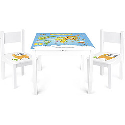 Leomark Table 'Yeti' et 2 chaises enfant Blanche Motif Carte du Monde