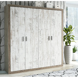 Pegane Armoire, meuble de rangement coloris chêne truffé, blanc vieilli - Longueur 196 x profondeur 50,20 x hauteur 207,60 cm