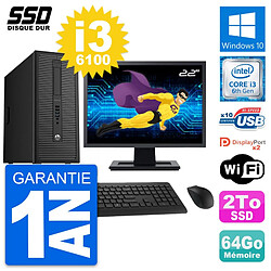 PC Tour HP EliteDesk 800 G2 Ecran 22" i3-6100 RAM 64Go SSD 2To Windows 10 Wifi · Occasion 