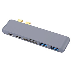 Wewoo Pour Macbook 2015/2016 / 2017 gris carte SD et fente 6 en 1 Multi-fonction en alliage d'aluminium 5Gbps taux de transfert double adaptateur USB-C / Type-C HUB avec 2 ports USB 3.0 2 USB-C / Type-C fente TF