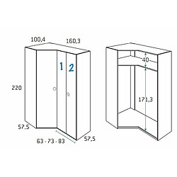 Inside 75 Armoire d'angle pan-coupé 2 portes 160,3 x 220 cm finition chêne blanchis porte droite pliante 1 étagère