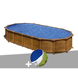 Kit piscine acier aspect bois Gré Amazonia ovale 7,44 x 3,99 x 1,32 m + Bâche à bulles