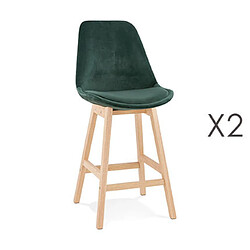 Mes Lot de 2 chaises de bar H66 cm en tissu vert pieds naturels - ELO 