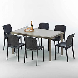 Grand Soleil Table rectangulaire et 6 chaises Poly rotin resine ensemble bar cafè exterieur 150x90 Beige Marion, Chaises Modèle: Boheme Anthracite noir