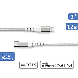 BIGBEN Câble Renforcé USB C/Lightning 1,2m 3A Garanti à vie Blanc - 100% Plastique recyclé Force Power Lite