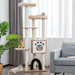 Helloshop26 Arbre à chat 175cm à 6 niveaux avec niche et coussin amovible grande tour de jeu pour chat avec poteaux en sisal beige 20_0007648