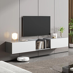 RAVAS Meuble TV blanc extra large, longueur 220 cm, suspendu, avec 2 portes et 2 étagères ouvertes, Meuble TV suspendu