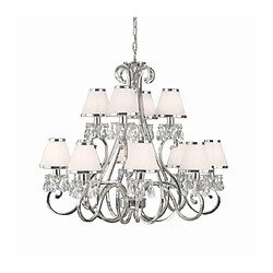 Interiors 1900 Chandelier Oksana, nickel poli, pampilles cristal, 12 abat-jours blancs