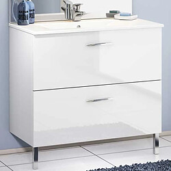 Dansmamaison Ensemble meuble salle de bain 90 cm Blanc laqué brillant + Vasque + Miroir - NOLET