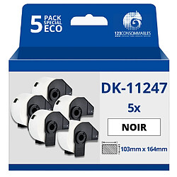 123Consommables Pack de 5 Rouleaux Étiquettes compatible Brother DK11247 - 103x164 mm - 180 unités - Texte noir sur fond blanc