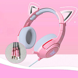 Chrono Casque de Jeu Oreille de Chat Rose,Casque de Jeu Filaire avec Microphone et lumière RVB Casque Amovible Oreille de Chat 7.1 Casque stéréo, adapté pour PC/Ordinateur Portable/Ipad/Smartphone-Rose