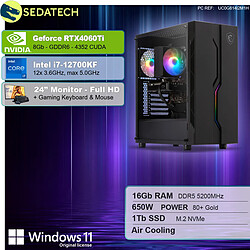 Sedatech Pack PC Gamer • Intel i7-12700KF • RTX4060Ti • 16Go DDR5 • 1To SSD M.2 • Windows 11 • Moniteur 24''