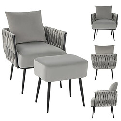 Helloshop26 Ensemble chaise d'appoint et ottoman moderne en velours hollandais chaise de loisirs dossier et accoudoirs tissés avec repose-pieds gris 20_0005298