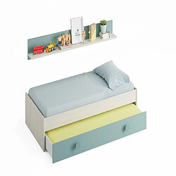 Alter Cadre de lit avec deuxième lit gigogne avec commode et étagère murale assortie, coloris blanc imitation bois clair et vert d'eau, 199 x 65 x 95 cm.