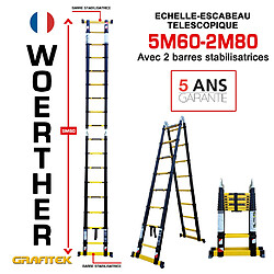 Escabeau-échelle télescopique Woerther 5m60/2m80 - Gamme Grafite- Double barre stabilisatrices - Qualité supérieur - Garantie 5 ans