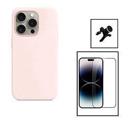 PHONECARE Kit Film Verre Trempé 5D Full Cover + Coque Silicone Liquide + Support Magnétique de Voiture Renforcé pour Apple iPhone 15 Plus - Rose 