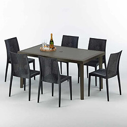 Grand Soleil Table rectangulaire 6 chaises Poly rotin resine 150x90 marron Focus, Chaises Modèle: Bistrot Anthracite noir