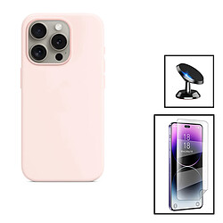 PHONECARE Kit Film Hydrogel Full Cover Avant + Coque Silicone Liquide + Support Magnétique de Voiture pour Apple iPhone 15 Pro - Rose 