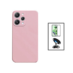 PHONECARE Kit Film Verre Trempé 5D Full Cover + Coque Silicone Liquide + Support Magnétique de Voiture pour Xiaomi Redmi 12 - Rose 