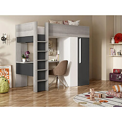 Vente-Unique Lit mezzanine 90 x 200 cm avec armoire et bureau - Anthracite et blanc - NICOLAS II