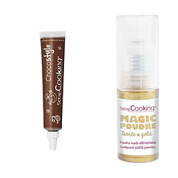 Scrapcooking Stylo chocolat + Poudre alimentaire irisée dorée