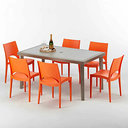 Grand Soleil Table rectangulaire et 6 chaises Poly rotin resine ensemble bar cafè exterieur 150x90 Beige Marion, Chaises Modèle: Paris orange