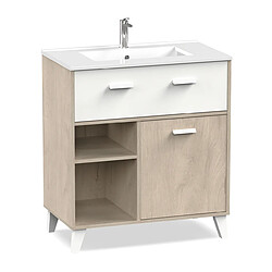 Pegane Meuble Vasque 1 porte + 1 tiroir coloris effet bois / blanc - Hauteur 90 x Longueur 82 x Profondeur 47 cm 