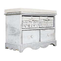 Mobili Rebecca Banquette Gris en Bois 2 Tiroirs 2 Paniers en Osier Shabby 46x60x33