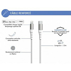 BIGBEN Câble Renforcé USB C/Lightning 2m 3A Garanti à vie Blanc Force Power Lite