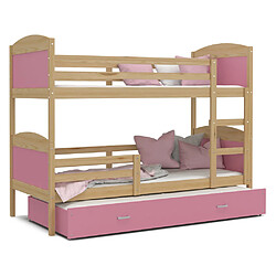 Acheter Kids Literie Lit Superposé 3 Places Mateo 90x190 Pin - rose Livré avec sommiers, tiroir et matelas en mousse de 7cm