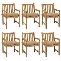 vidaXL Chaises de jardin lot de 6 et coussins beige bois teck solide