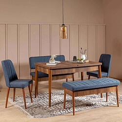 Hanah Home Ensemble repas table chaises et banc Vina noyer et bleu foncé.