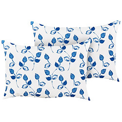 Beliani Lot de 2 coussins d'extérieur à motif de feuilles blanc et bleu 40 x 60 cm TORBORA