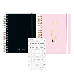 Rico 2 agendas Bullet journal rose et noir à spirales 96 feuilles + Pochoir icônes bureau