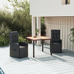 Salle à dîner de jardin 3 pcs,Table et chaise à manger Noir Poly rotin et acacia -MN64171