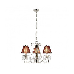 Interiors 1900 Chandelier Oksana, nickel poli, pampilles cristal, 3 abat-jours chocolat