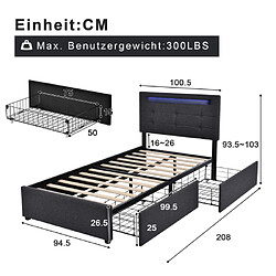 LBF Lit Simple 90x200, Cadre de Lit avec Éclairage LED et 2 Rangement Tiroirs, Lit avec Sommier À Lattes en Bois et Tête de Lit Réglable, Lit Rembourré Lin, Gris (sans Matelas)