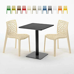 Grand Soleil Table carrée 60x60 noire avec 2 chaises colorées Gruvyer Licorice, Couleur: Beige