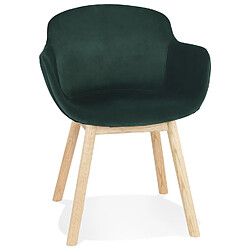 Alterego Chaise avec accoudoirs 'FRIDA' en velours vert et pieds en bois naturel