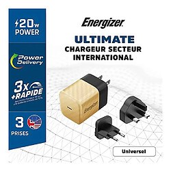 Magneticland Chargeur mural international ENERGIZER USB-C 20W 4A Noir et Or