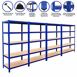 Monstershop 4 Rayonnages T-Rax Bleu 90 - Connecteurs et Maillet gratuits 4 x Rayonnages 90 x 180 x 45 cm T-Rax Bleu Acier Inoxydable Garage Entrepôt Rangement de l'Atelier Capacité total de 4200 Kg - 280 Kg par Planche [Connecteurs de Baies et Mailllet GRATUITS]