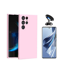 Kit de film en verre trempé de la couverture 5D + couvercle de silicone liquide + SuppOrt Magnétique Phonecare pour Samsung Galaxy S24 Ultra 5G - rose